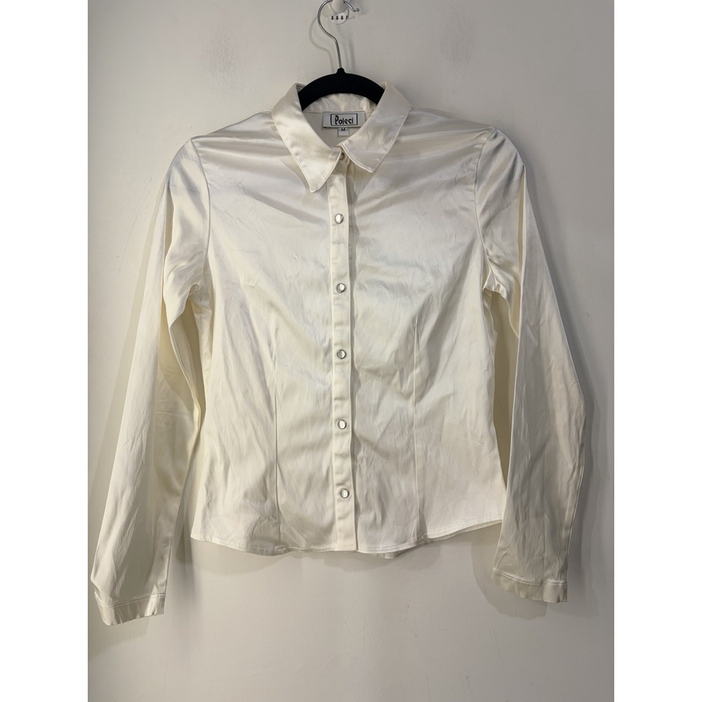 Y2K Poleci Satin Button Up Blouse Women's M Ivory Cream Made in USA